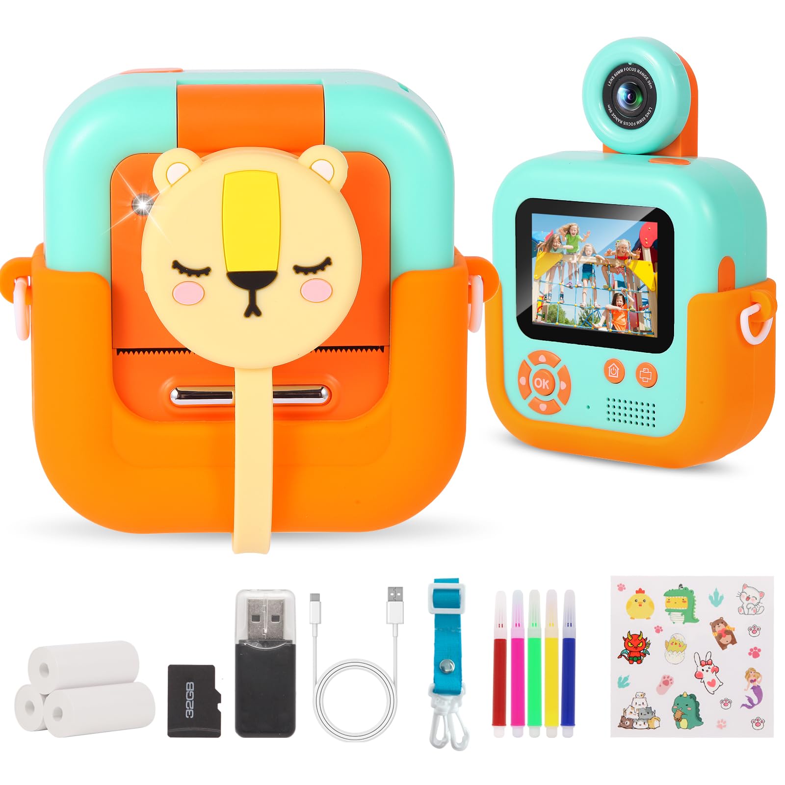 Fotocamera istantanea per bambini, ZUEOKAI Toddler Camera istantanea con schermo da 2,4" e obiettivo girevole a 180°, scheda32 GB, custodia in silicone 1080P. Regalo Bambina Bambini 3-10 anni