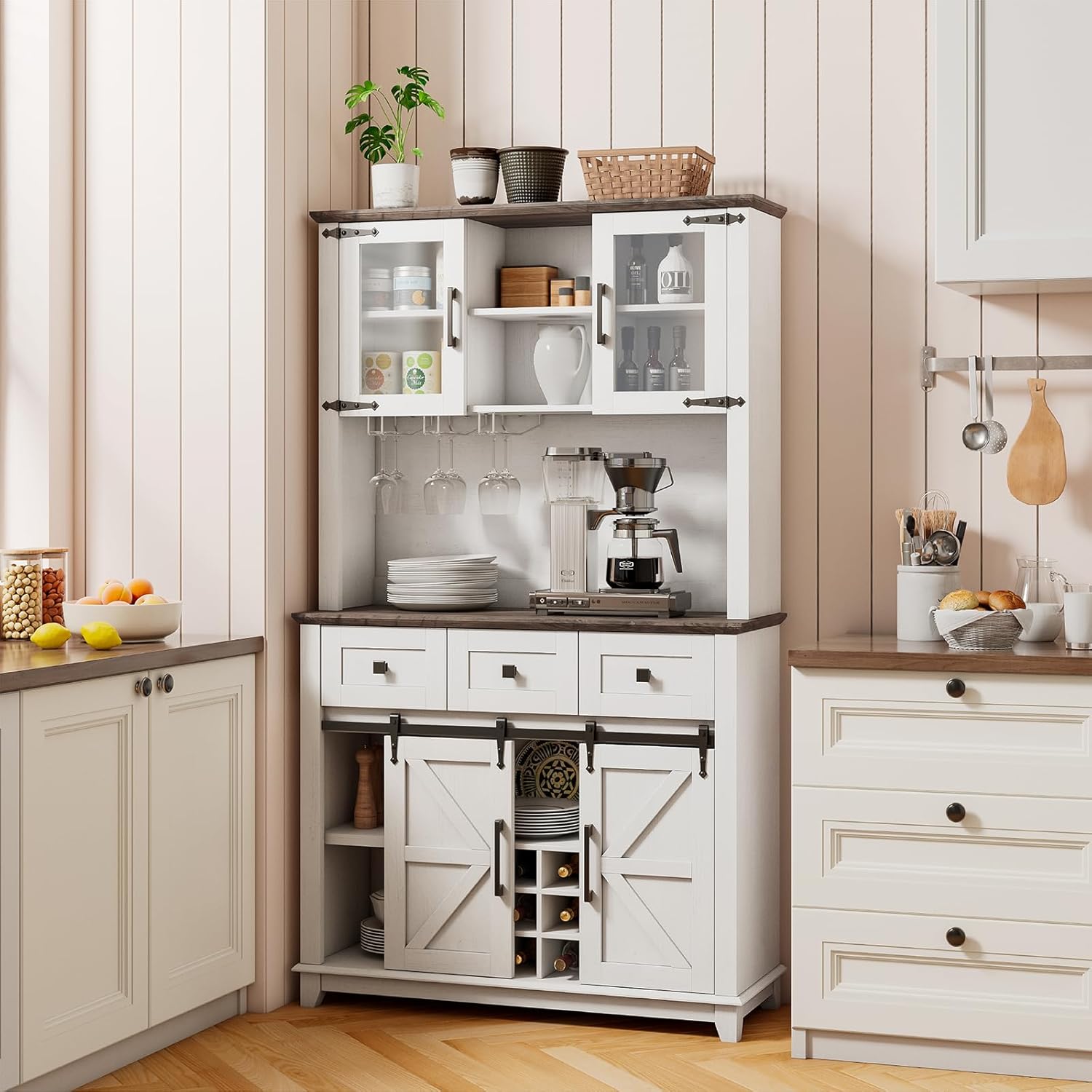 72" Coffee Bar Wine Cabinet with Sliding Barn Door & LED Lights, Sideboard Buffet Cabinet with Wine Bottle Rack, 3 Drawers, Storage Cabinet for Kitchen, Dining Room, White