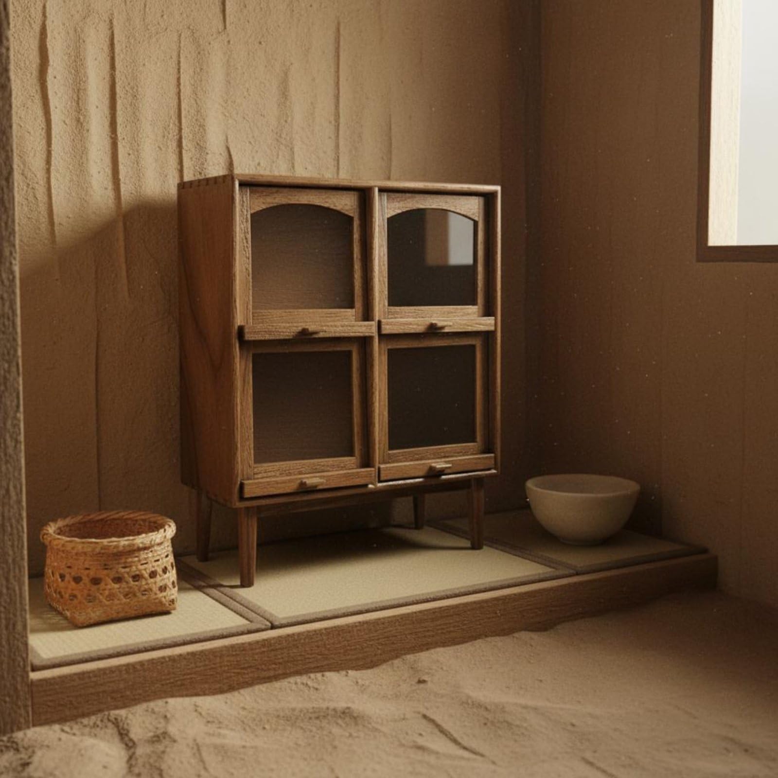 Colcolo Mini Credenza in Miniatura Armadio Vetrina Scaffale in Legno con Struttura Artigianale E Vetro Scorrevole Stile Minimal Rustico Adatta a Collezionisti, Tradizionale, Rustico-B