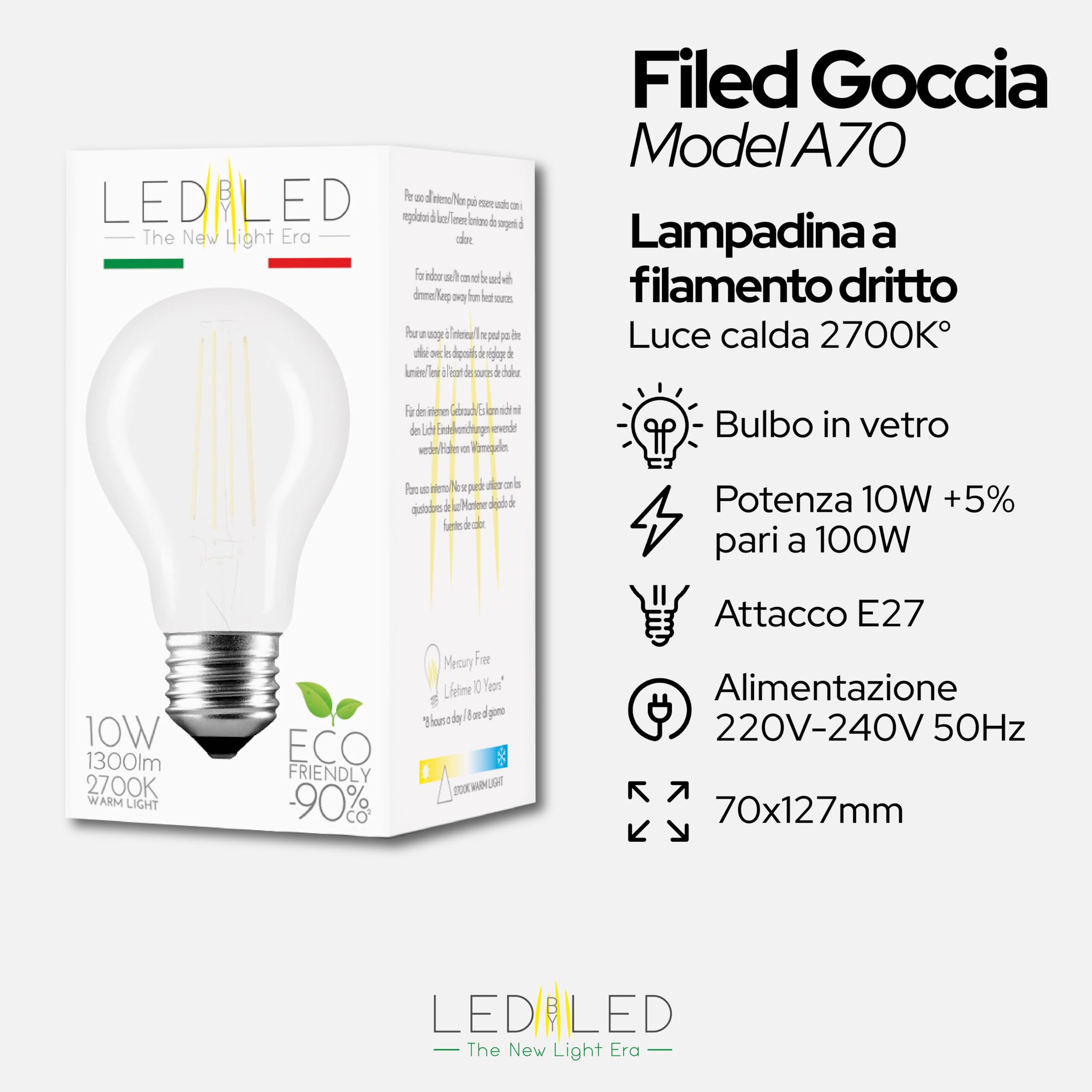 Lampadina Goccia 10W Pari a 100W, E27, Vetro Smerigliato, 2700K Luce Calda, filamento LED dritto, 1300 Lumen, Pack 10 Pezzi