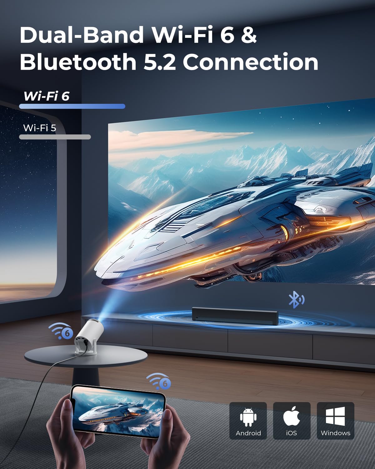 CLOKOWE Mini projecteur WiFi Bluetooth, application intégrée, projecteur portable intelligent avec rotation à 180°, clé de voûte automatique, support 1080p, compatible avec HDMI/USB/TV Stick