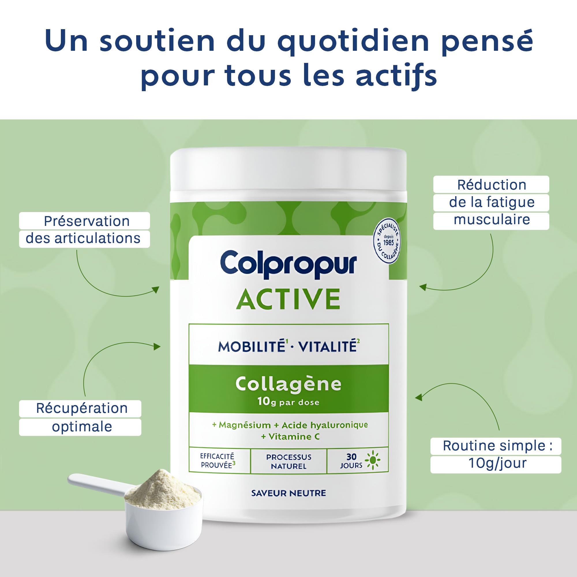 Collagène Poudre + Acide Hyaluronique - Récupération Active - Articulations | Colpropur Active, saveur neutre, 30 doses 10 g, collagène type I et II, magnésium, vitamine C, acide hyaluronique, sans sucre