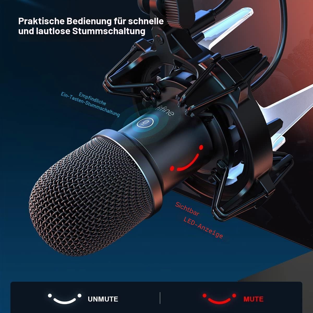 FIFINE Gaming Mikrofon PC mit Arm, 8 RGB Steuerungsmodi USB Microphone für MAC PS4 PS5, Dynamisches Microfon mit Mikrofonarm, Stummschalttaste, Shock Mount