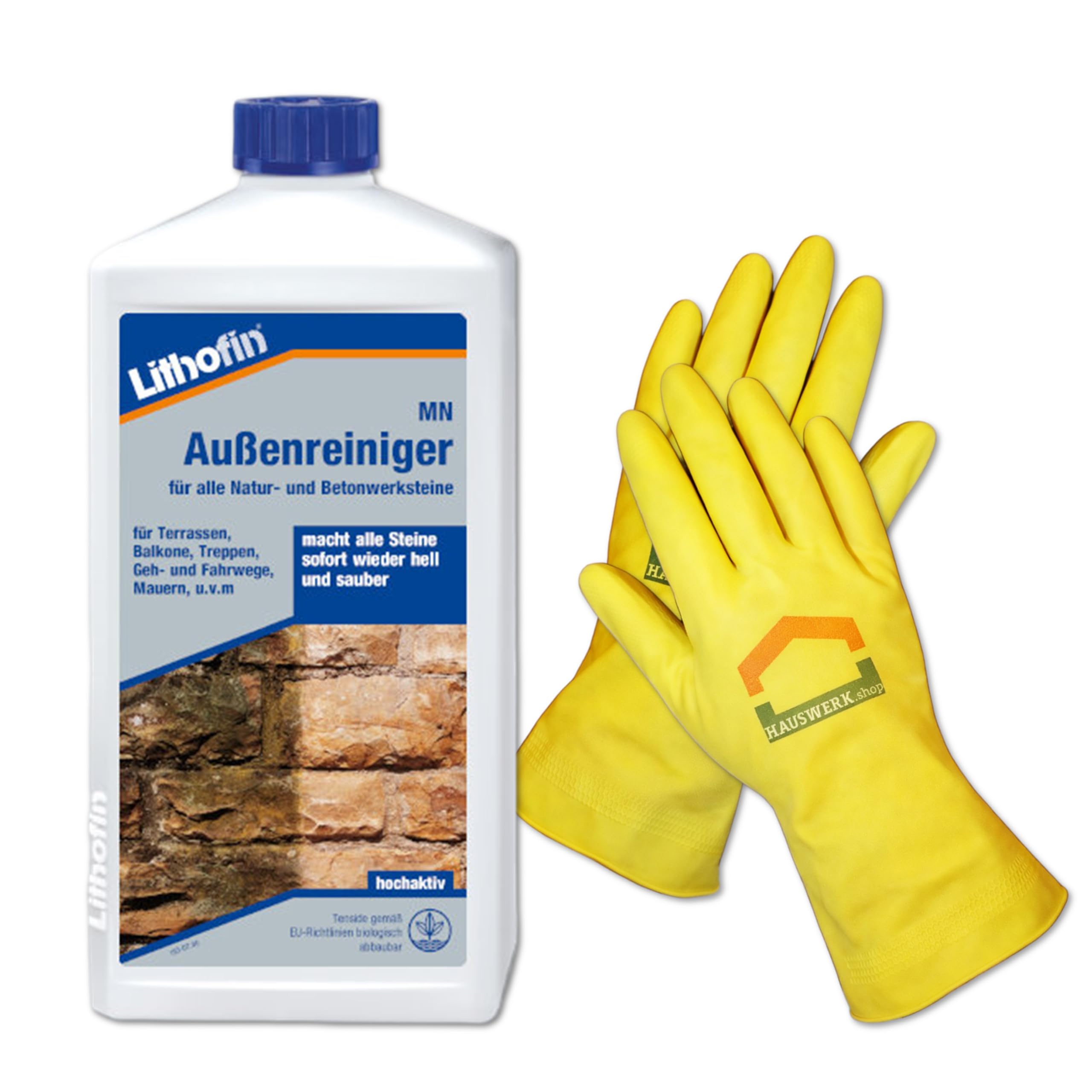 SET 1 Liter Lithofin MN Außenreiniger und 1 Paar HW Haushaltshandschuhe