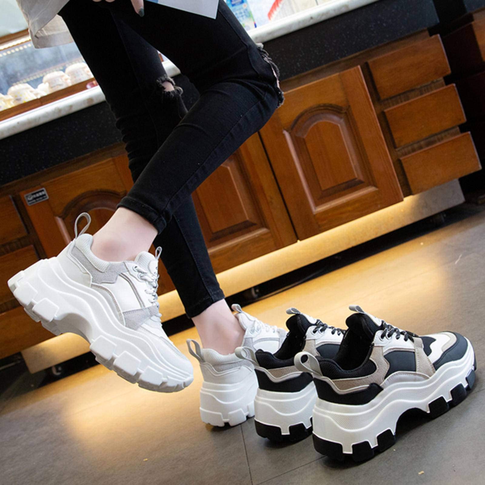 YDYCG Zapatos De Moda Para Mujer Otoño E Invierno Con Cordones De Tacón Alto Y Grueso Para Mujer, Botines De Plataforma Para Mujer, Zapatillas De Deporte De Escenario (color Negro, Talla