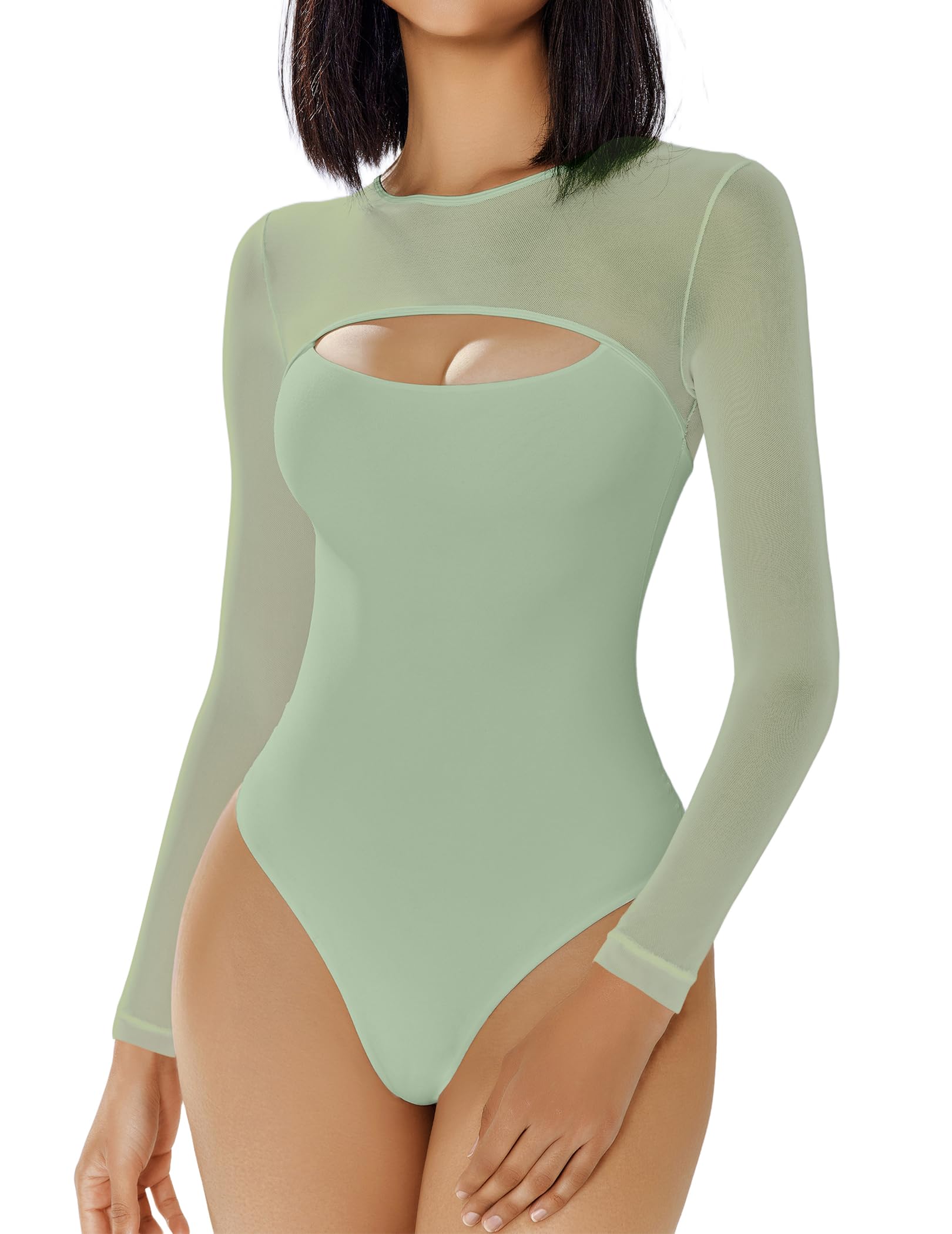 Avidlove Bodysuits for Women Round Neck Long Sleeve Mesh Bodysuit