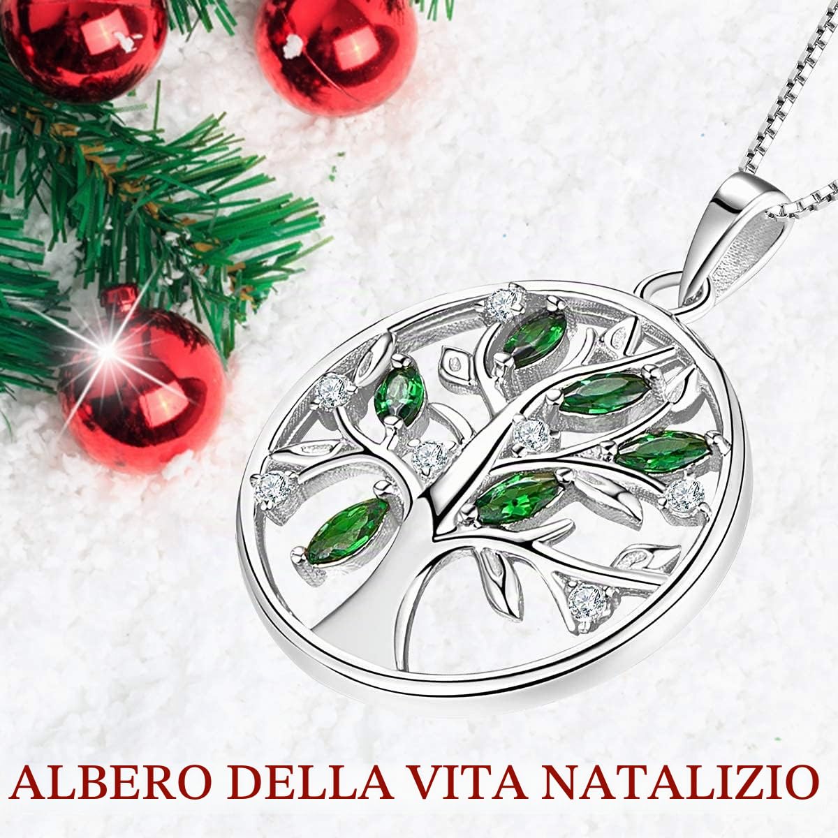 YL Collana Donna Argento 925 con Ciondolo 5A Zirconia Cubica/Granato/Smeraldo Albero della Vita Pendente Gioielli, Catena 45+5cm