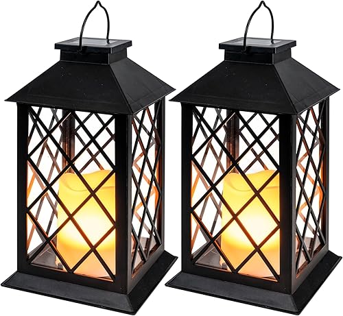 Homemory Faroles solares impermeables para exteriores, colgantes con velas parpadeantes sin llama, paquete de 2 faroles decorativos de jardín de 13