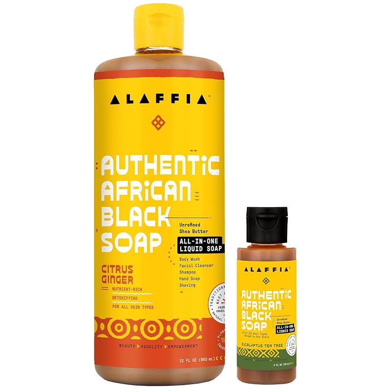 Alaffia Sabonete Líquido Africano Autêntico Variado, Pacote com 2 — Eucalyptus Tea Tree 60 mL e Citrus Ginger 946 mL