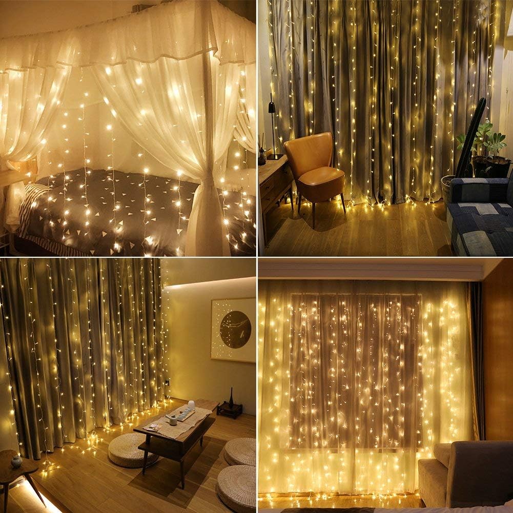 IMAGE 8 Modes Curtain Lights 9.8x9.8 Foot 300LED Curtain String Lights Fairy Lights for Home Garden Bedroom Wedding Party Backdrops Decor with Full Waterproof and UL Safety Warm White