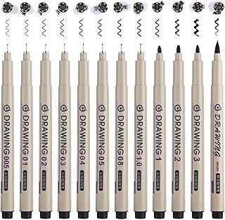 Cobee 12 Tips Size Drawing Pens, Black Fineliner Art Pens Waterproof Ink Micro Pen Sketch Pens Anime Pens Calligraphy Pens for Artists Art Supplies Office School Supplies