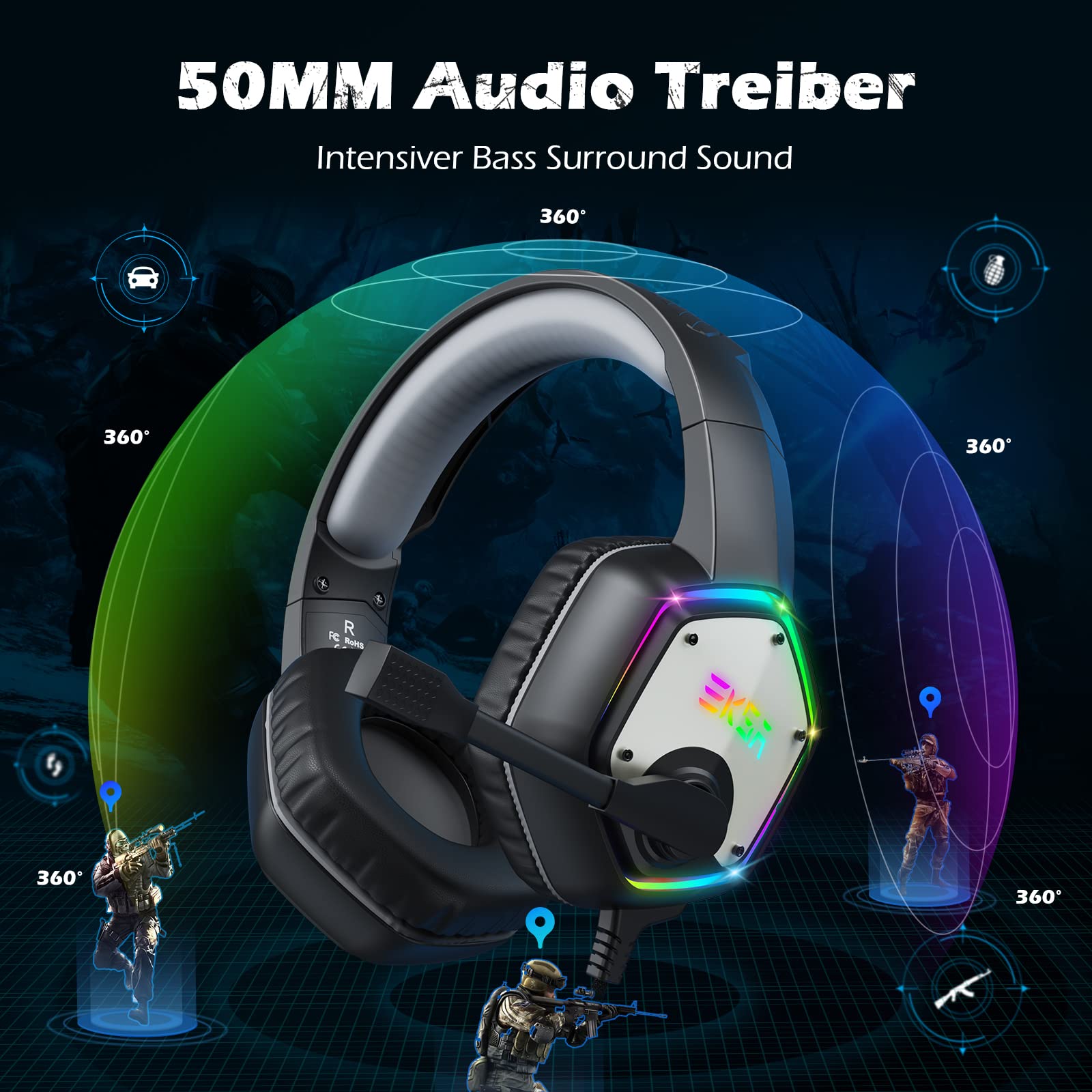 EKSA E1000 USB Cuffie Gaming per PC, Cuffie PS5 con Microfono，Cuffie da Gaming ENC Cancellazione del Rumore,Wired Headset with Mic Suono Surround 7.1,RGB Black