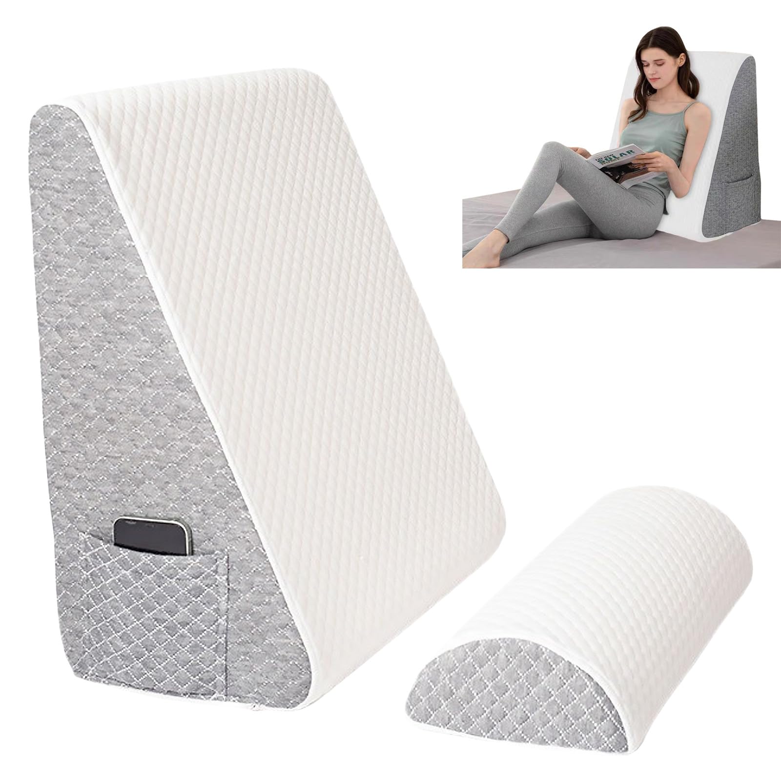 Lengsuaa White Wedge Pillow, 2Pcs Bed Wedge Pillow Set, Removable Memory Foam Incline Cushion With Headrest For Leg Elevation, Back Support, Acid Reflux, Snoring, Post Surgery, Reading