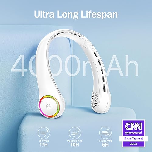 Miniatura 3 de Ventilador de cuello portátil, ventilador personal con batería de 4000 mAh, ventilador de cuello recargable con 3 velocidades y 64 luces frías,