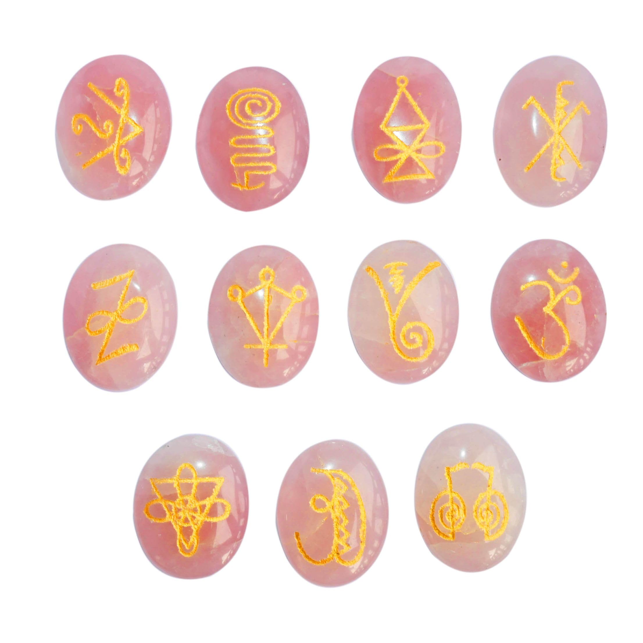 GAGZI 11 Pcs Rose Quartz Zonar, Halu, Harth, Gnosa, Rana, Iava, Shanti, Kriya, Dumo, Tibetan Fire Serpent, Om Engraved Karuna Palm Healing Reiki Symbol Crystal Healing Stones Set