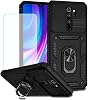 Case for Redmi Note 8 Pro Case, M1906G7I Case with Tempered Glass Screen Protector and Slide Camera Cover, 360° Rotate Ring Stand Magnetic Cover for Xiaomi Redmi Note 8 Pro Black