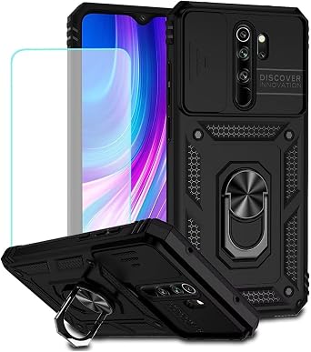 Case for Redmi Note 8 Pro Case, M1906G7I Case with Tempered Glass Screen Protector and Slide Camera Cover, 360 Rotate Ring Stand Magnetic Cover for Xiaomi Redmi Note 8 Pro Black