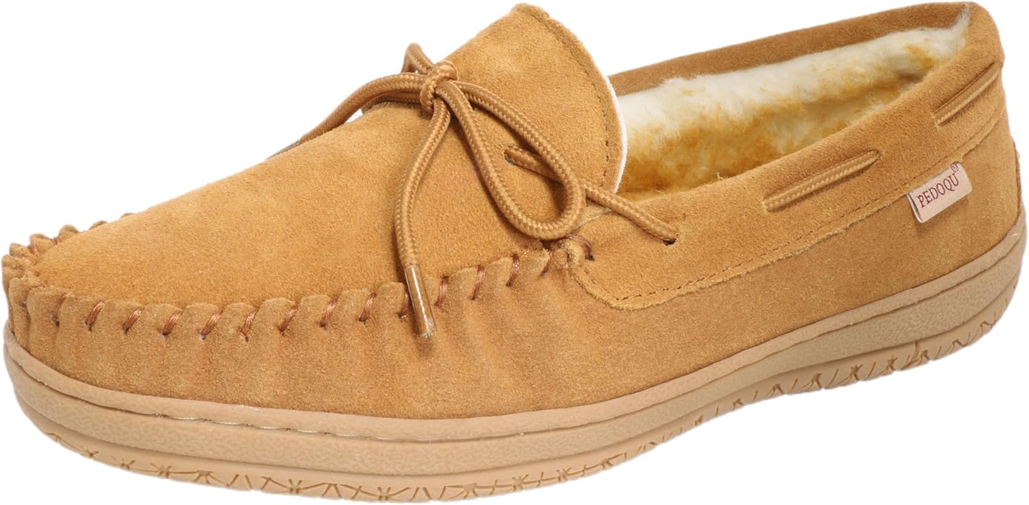 PEDOQU Men’s moccasin slippers with tie genuine leather upper memory foam slip on warm house shoes, Indoor & outdoor breathable loafer slipper for D width