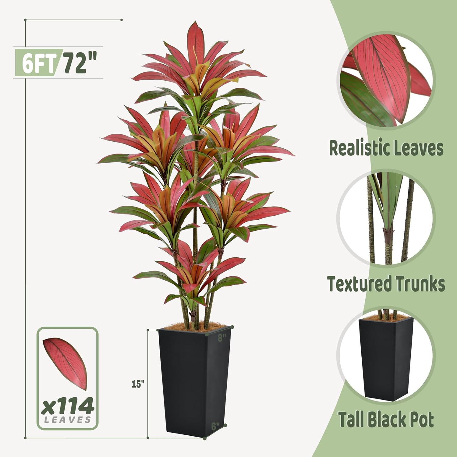 Artificial Red Dracaena Tree 6FT with 114 Leaves & 7 Heads & Black Tall Planter Cover with Coconut Fiber Tall Faux Tropical Silk Bicolor Plant 72 Inch for Indoor Home Office Porch Mall Decor - Image 2