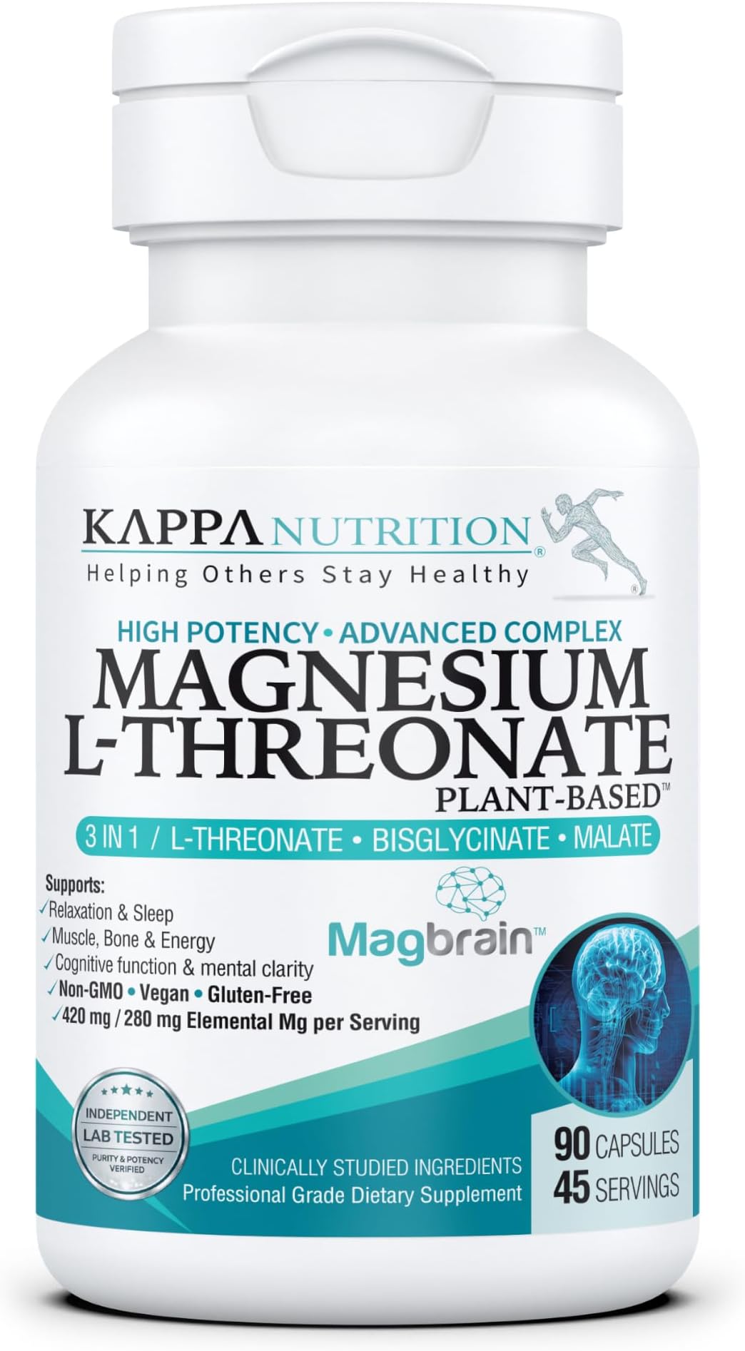 Magnesium L-Threonate Plant-Based 3 in 1 Powered by Magbrain® Magnesium L-Threonate Plant-Based | Magnesium Bisglycinate & Magnesium Malate | Up to 420 mg Elemental Magnesium | 90 Vegan Capsules.