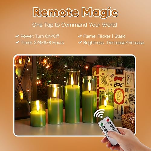 Miniatura 4 de Girimax Velas de cristal verde sin llama con control remoto, velas votivas LED parpadeantes que funcionan con pilas, velas altas delgadas  2