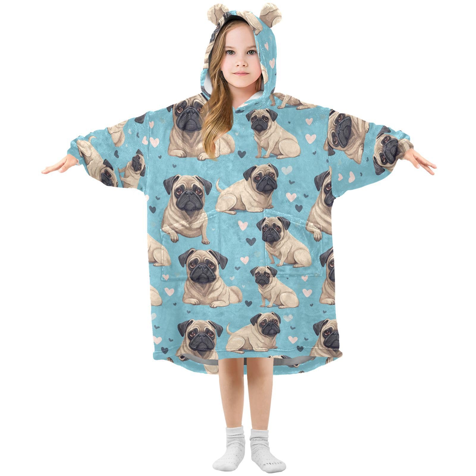AMmao Blue Pug Dog Wearable Blanket Hoodie Kids Flannel Oversized Blanket Sweatshirt with Hood Pocket Cozy Soft Warm Hooded Blanket for Boys Girls 3-14 Year, M