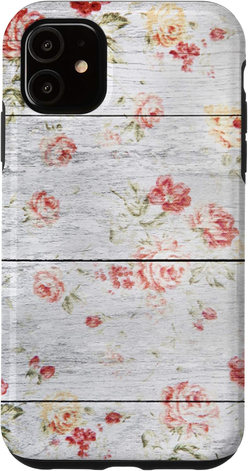 iPhone XR Pretty Floral Blush Pink Rose Woodgrain Shiplap Grey Wood Case