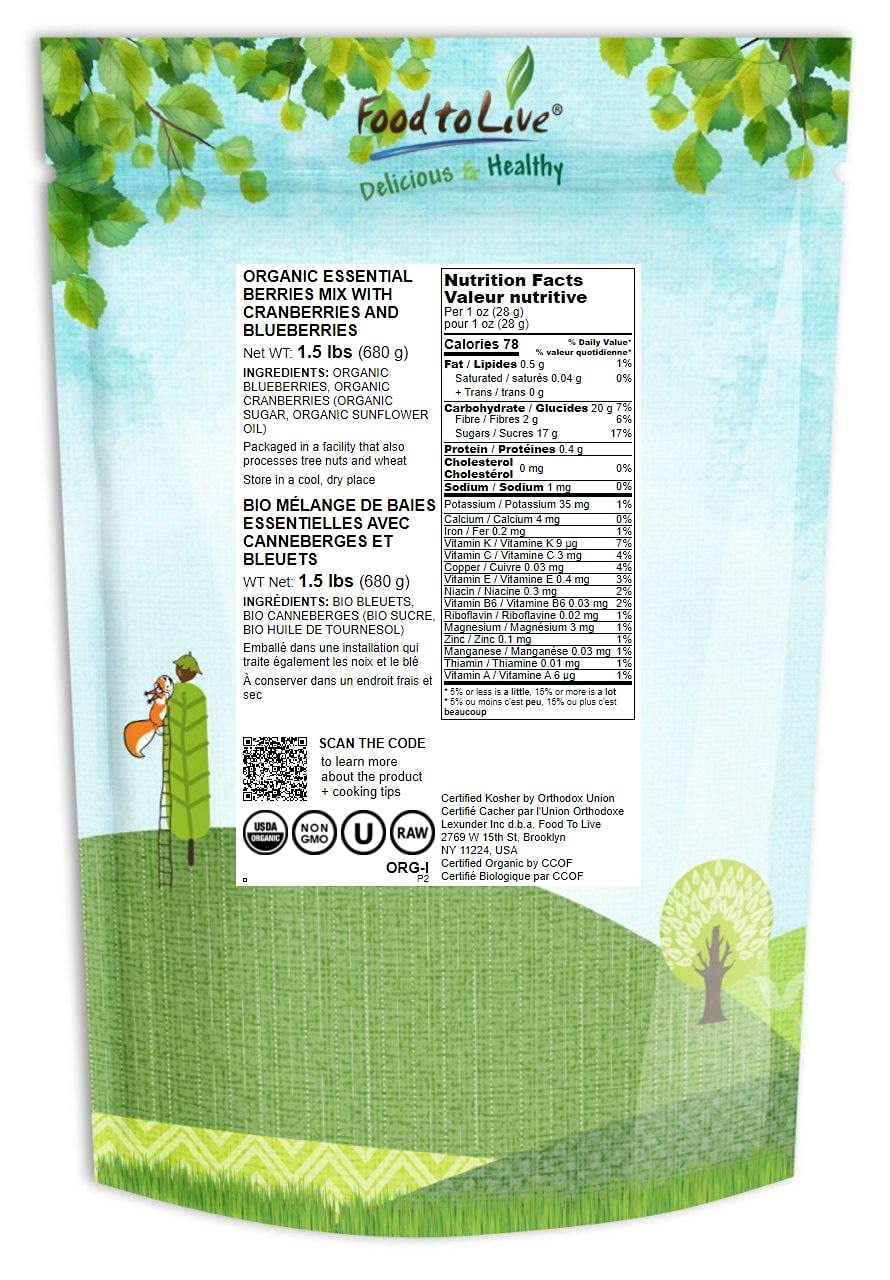 Food to Live Organic Essential Berries Mix, 1.5 Pounds, Non-GMO Dried Blueberries and Cranberries. Unsulfured, Kosher. Gently sweetened. Lightly Coated with Organic Sunflower Oil. Vegan, Bulk