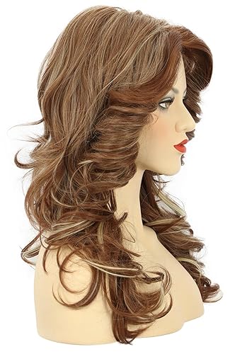Miniatura 4 de karlery Peluca de plumas de los años 70 para mujer, peluca larga con ondas marrones, estilo disco con reflejos teñidos, disfraz vintage para fiesta,