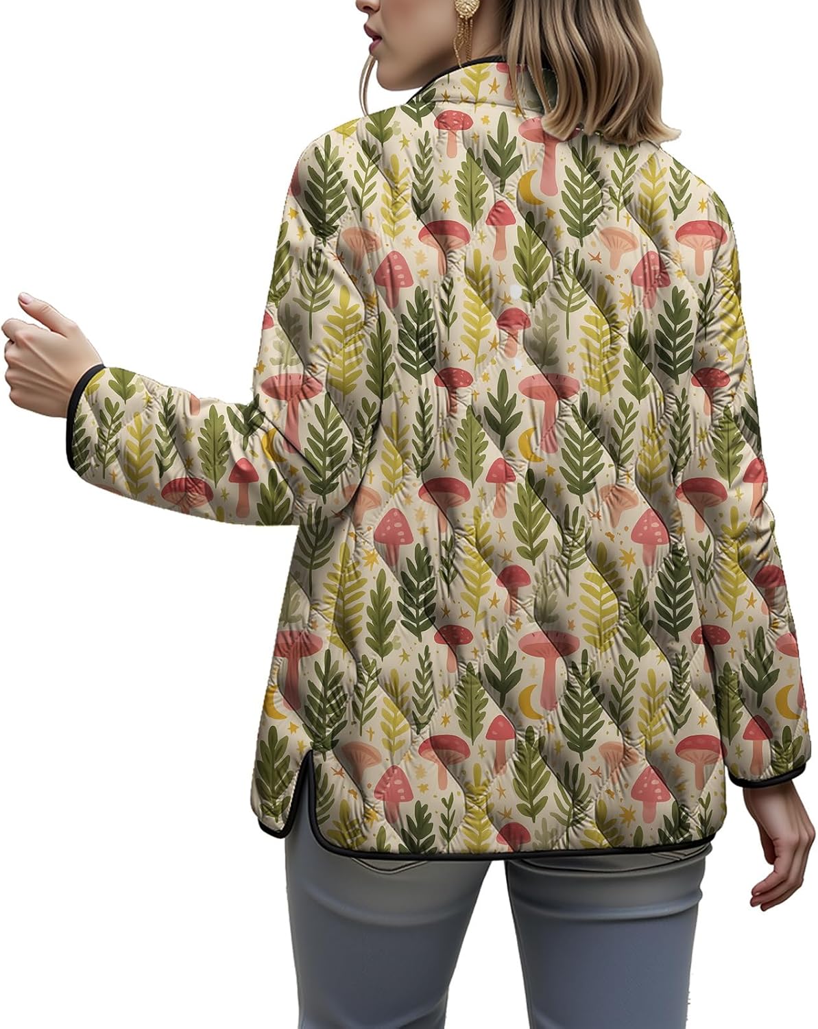 DMOYALA Quilted Jackets for Women Lightweight Puffer Jacket Trendy Floral Print Fall Winter Coat Outerwear with Pockets