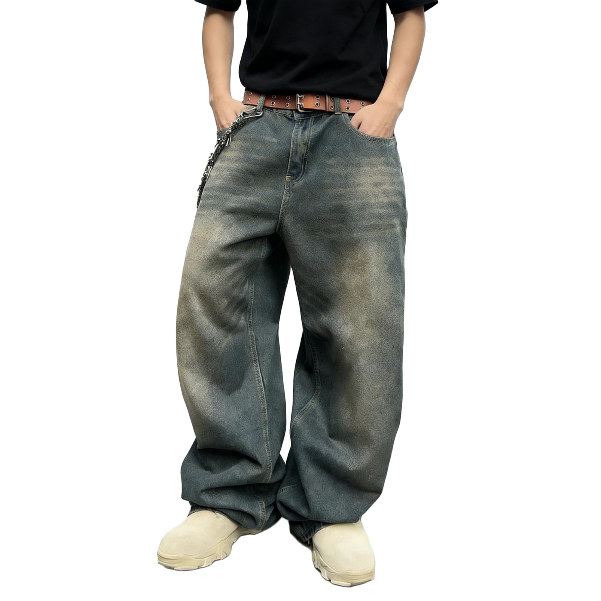 Mens Streetwear Hip Hop Baggy Jeans Casual Wide Leg Skater Denim Pants Washed Skater Loose Fit Long Trousers