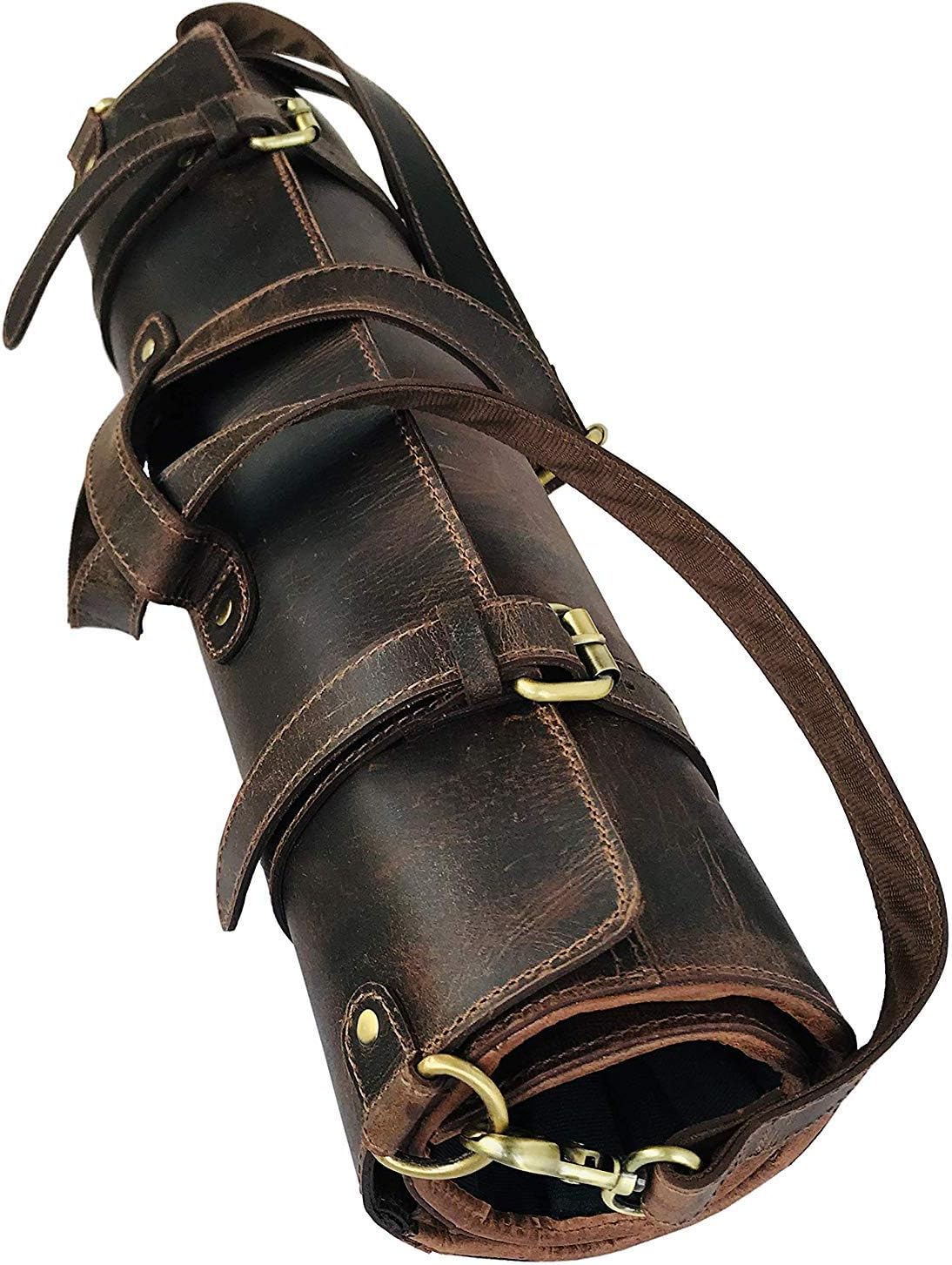 Branded Genuine Leather Knife Roll Storage Bag Expandable 10 Pockets Adjustable/Detachable Shoulder Strap Travel-Friendly Chef Knife Case Roll Vintage House USA