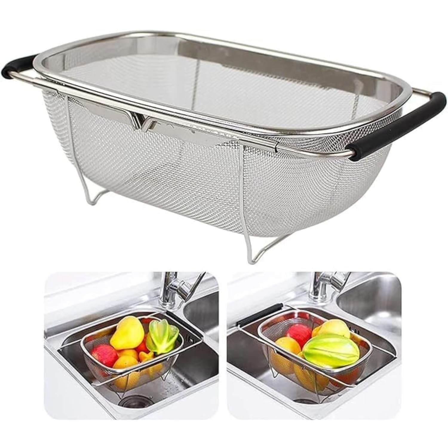 Kreshu Stainless Steel Oval Fine Mesh Colander Strainer with Rubber Rubber Grip Handle| Multi-Functional Large Over The Sink Basket Expandable Drainer for Rinse Vegetables Fruits (Pack of 1)