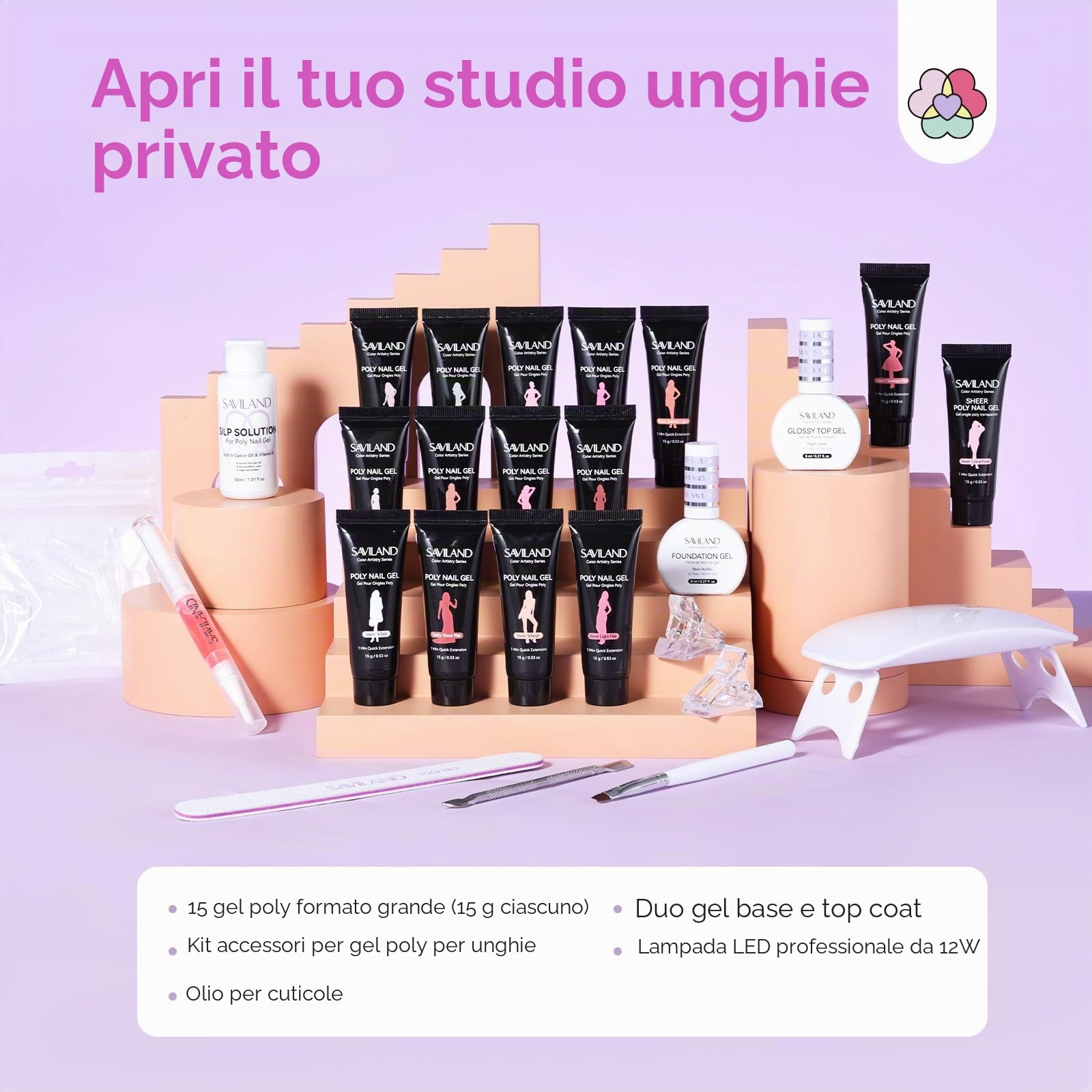 SAVILAND Kit Unghie Gel Completo 15 Colori 15g Polygel per Unghies con Lampada U V e Slip Solution, Kit Ricostruzione Unghie Professionale con Base y Top Coat Adatta per l'autunno e l'inverno