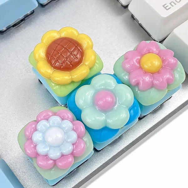 Cute Floral Cherry Blossom & Sunflower Resin Handmade Keycaps for Mechanical Keyboard with Cross Switches
