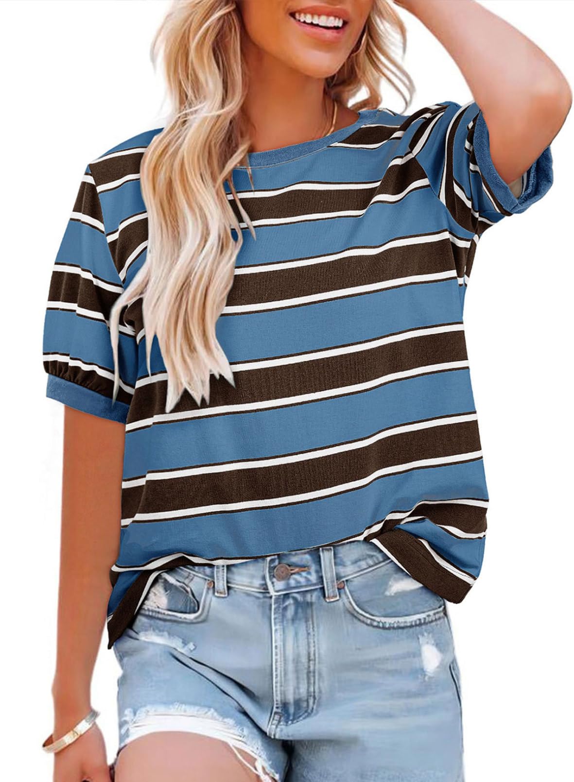 Dokotoo Womens Summer Tops 2025 Striped Color Block Short Sleeve T-Shirts Crewneck Casual Loose Basic Tee Blouses