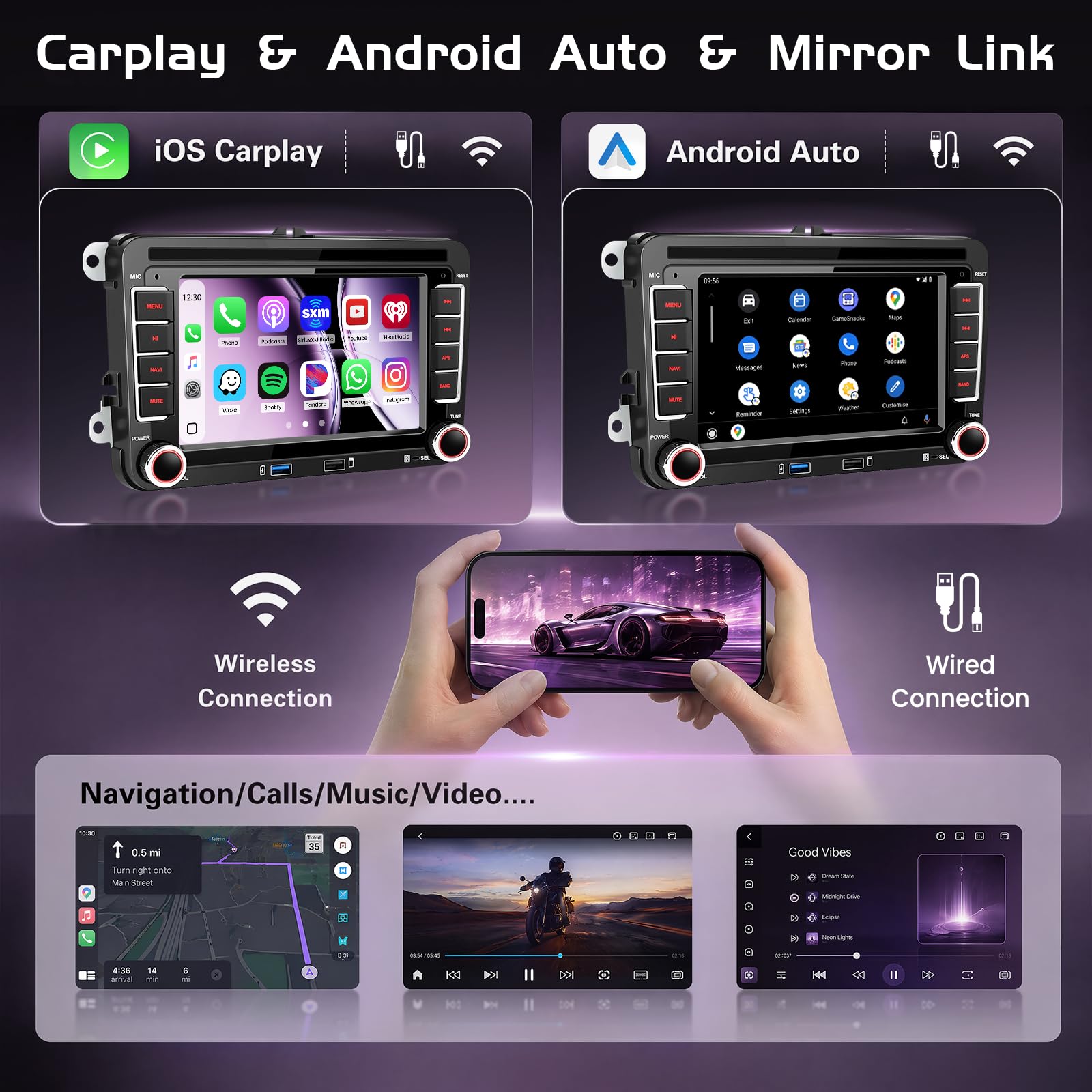 Inefala Radio samochodowe do VW Golf 5 6 Passat B6 B7 Tiguan Škoda Seat León Fabia, radio samochodowe Bluetooth z CarPlay Android Auto Vi-Link, radio samochodowe 2 DIN z ekranem 7" IPS DSP FM EQ SWC