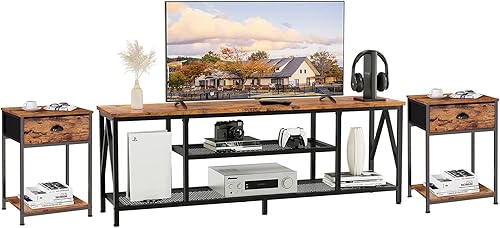 Soporte de TV para TV de 65 a 70 pulgadas, juego de 2, mesa auxiliar industrial con cajón de tela y estante de almacenamiento para dormitorio,