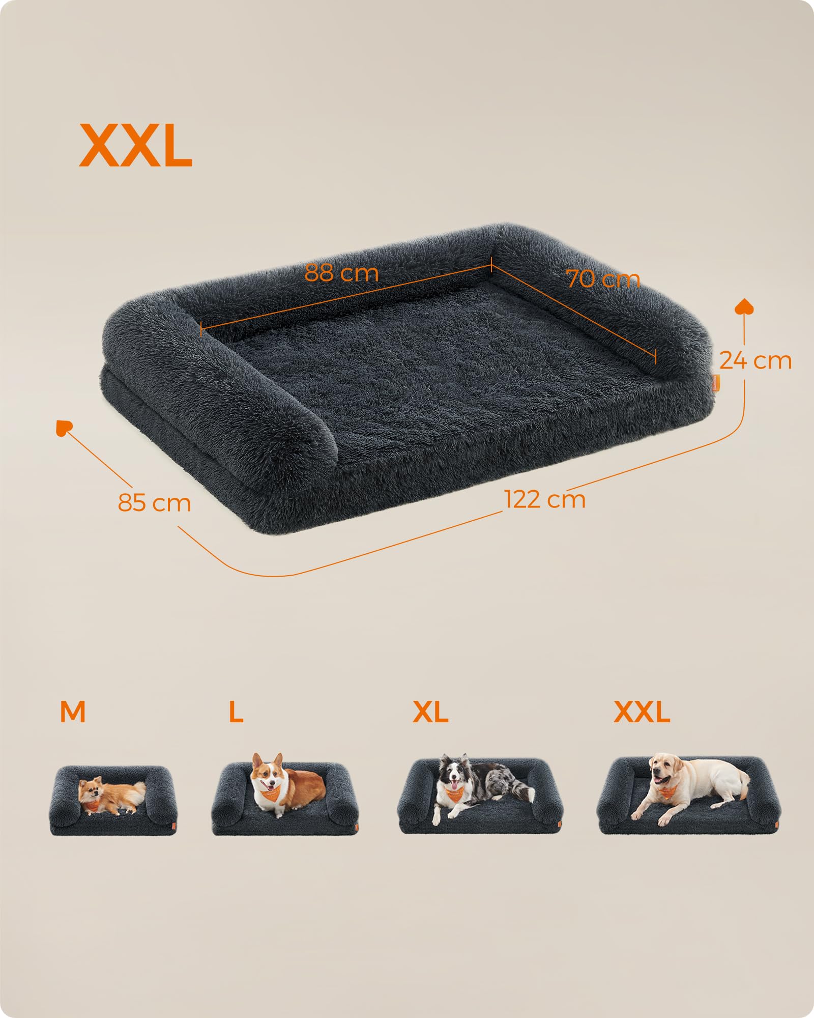 Feandrea FluffyHug Cuccia per Cani, Taglia XXL, Divano Letto per Cani di Taglia Grande, di Gommapiuma Ondulata, Copertura Lavabile Sfoderabile, 122 x 85 x 24 cm, Grigio Scuro PGW234G02