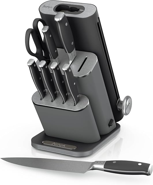 Ninja NeverDull® 10-Piece Premium German Stainless Steel Knife System, Space-Saving Removeable Sharpener, 10-Year Guarantee, Razor Sharp Knives, NeverDull Technology, NK32010BK1, Black