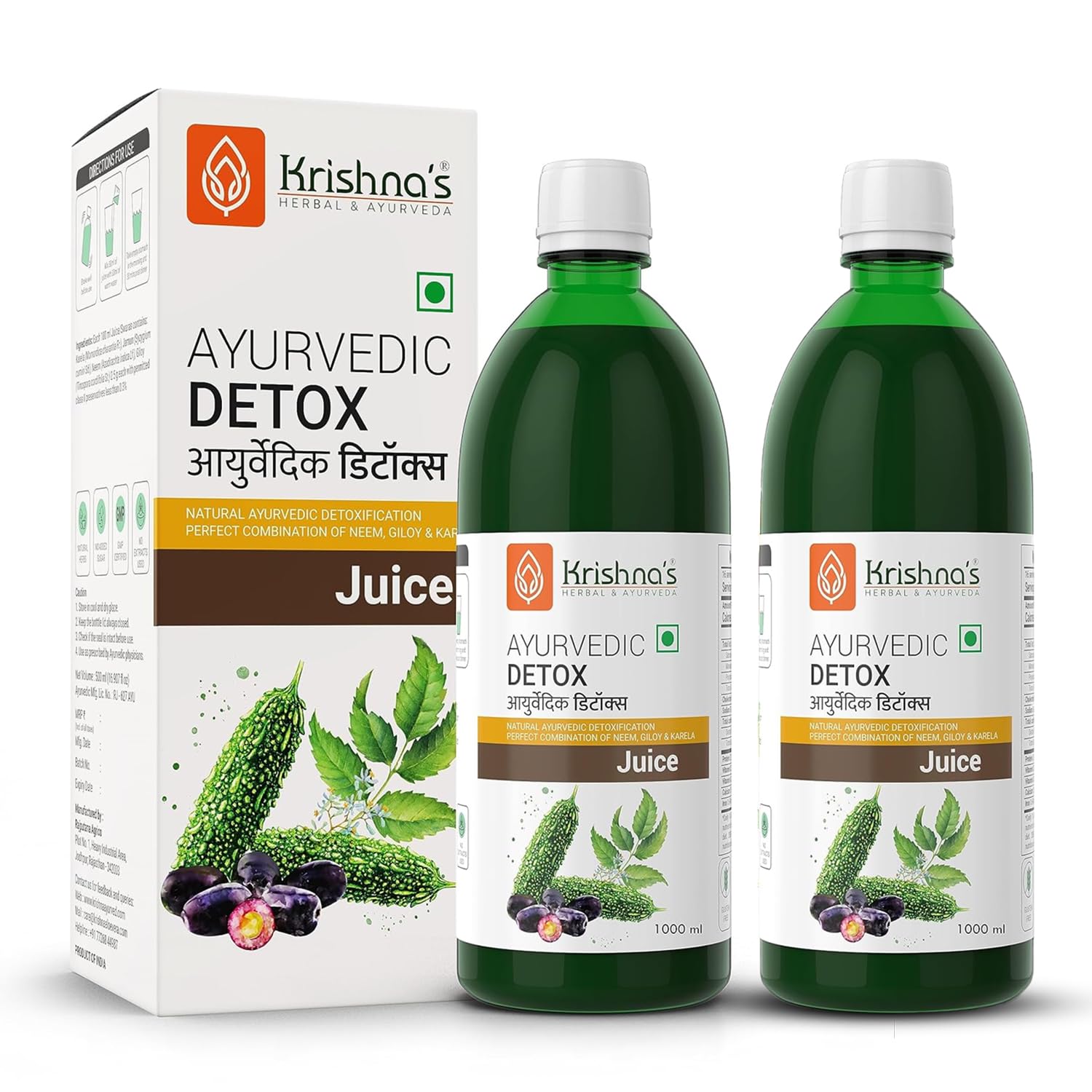 Krishna's Ayurvedic Detox Juice 1000 ml | Ayurvedic Detoxification | Perfect combination of giloy, karela, jamun & neem - (Pack of 2)