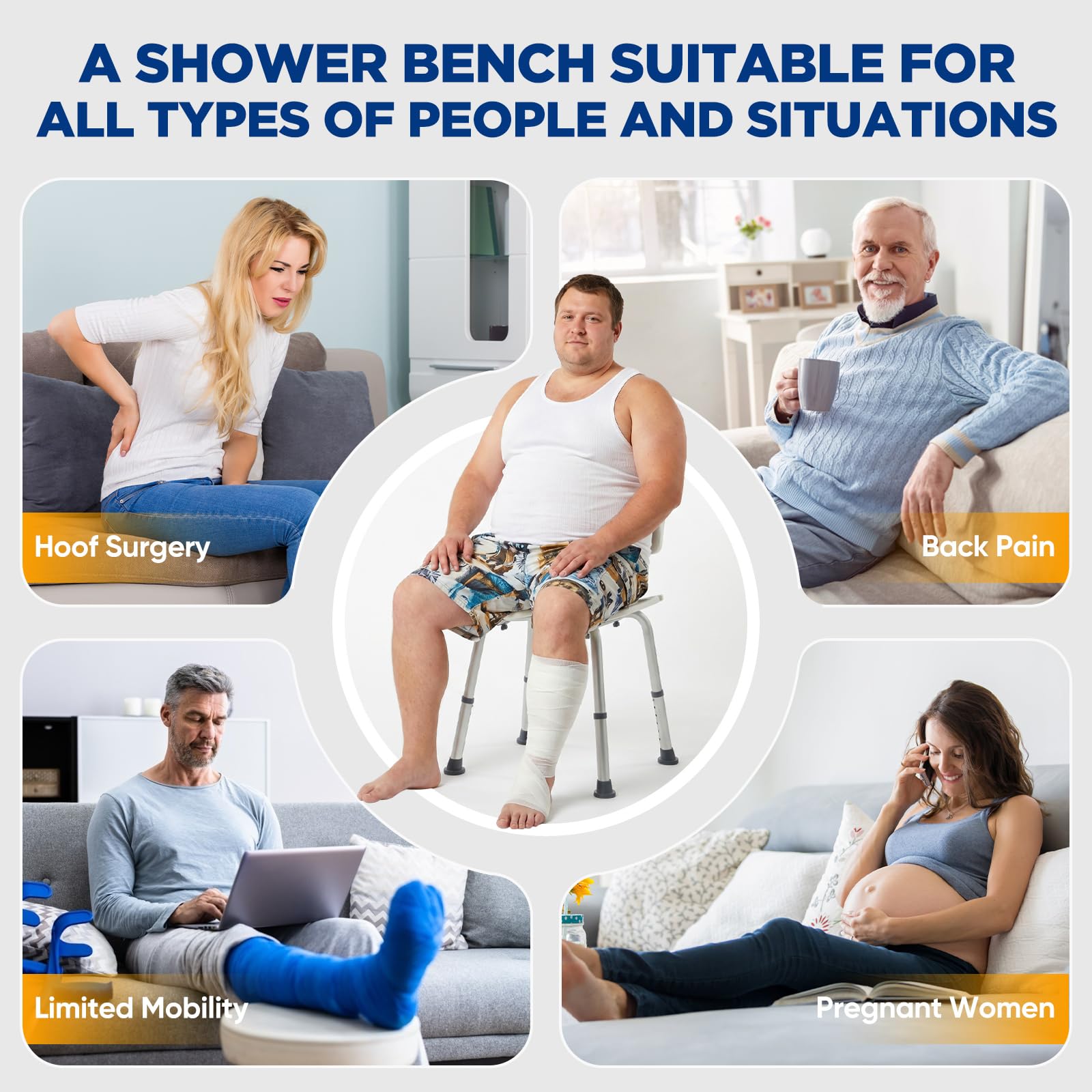 Silla de ducha con respaldo extraíble, taburete de ducha de altura ajustable para bañeras, asiento de ducha antideslizante para personas mayores y embarazadas, silla de ducha de aluminio con