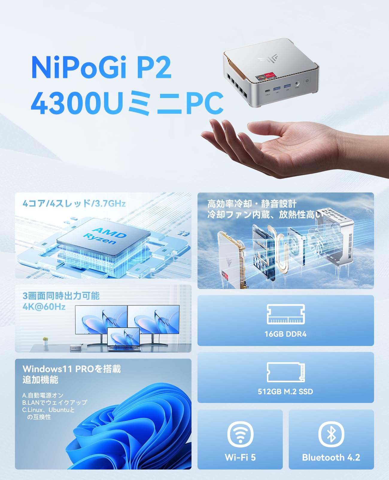 Amazon.co.jp: NiPoGi ミニpc Ryzen 4300U 【2026新登場・3500Uより