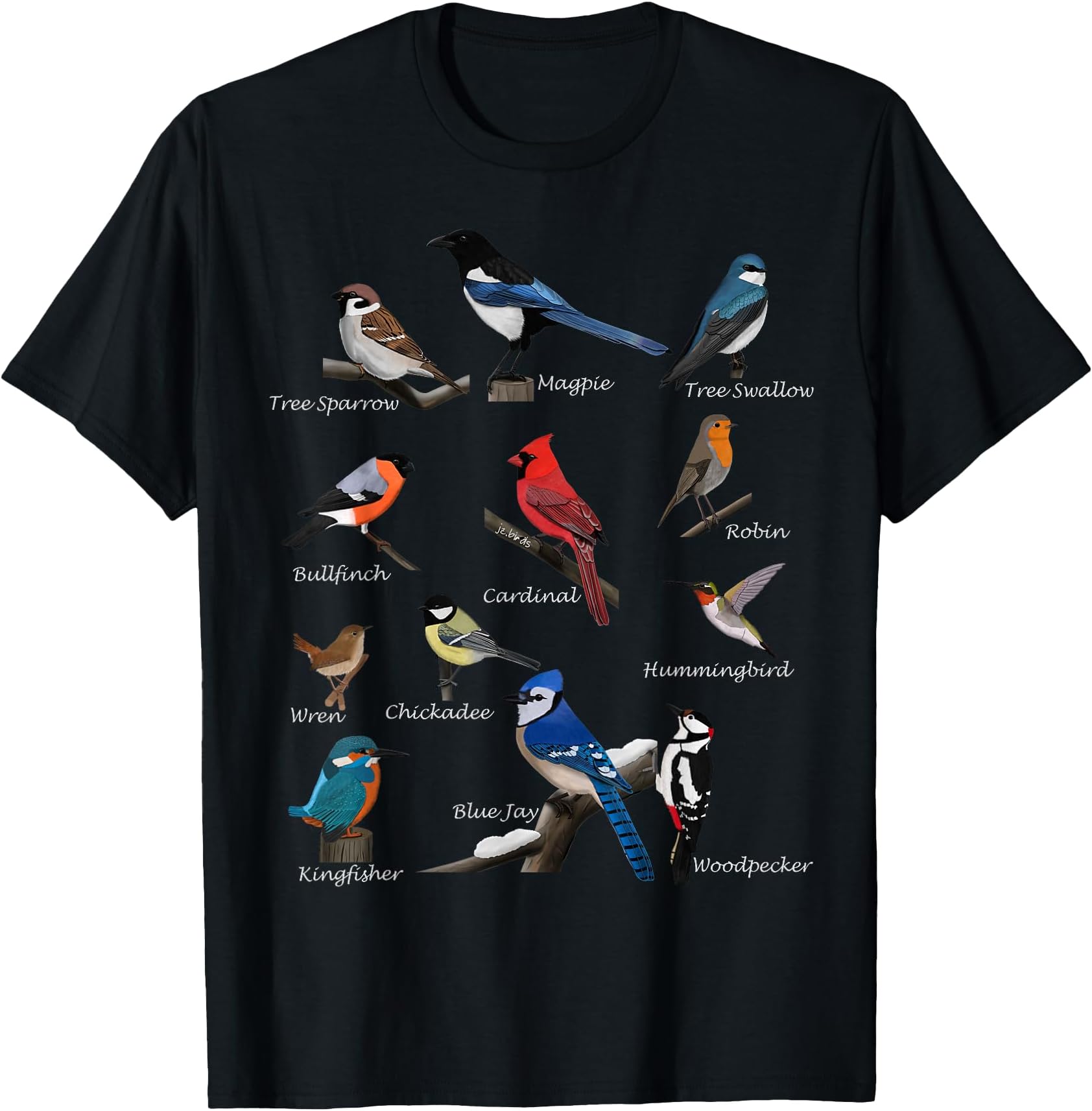 Garden Birds Cardinal Blue Jay Hummingbird Robin Wren Finch T-Shirt Small