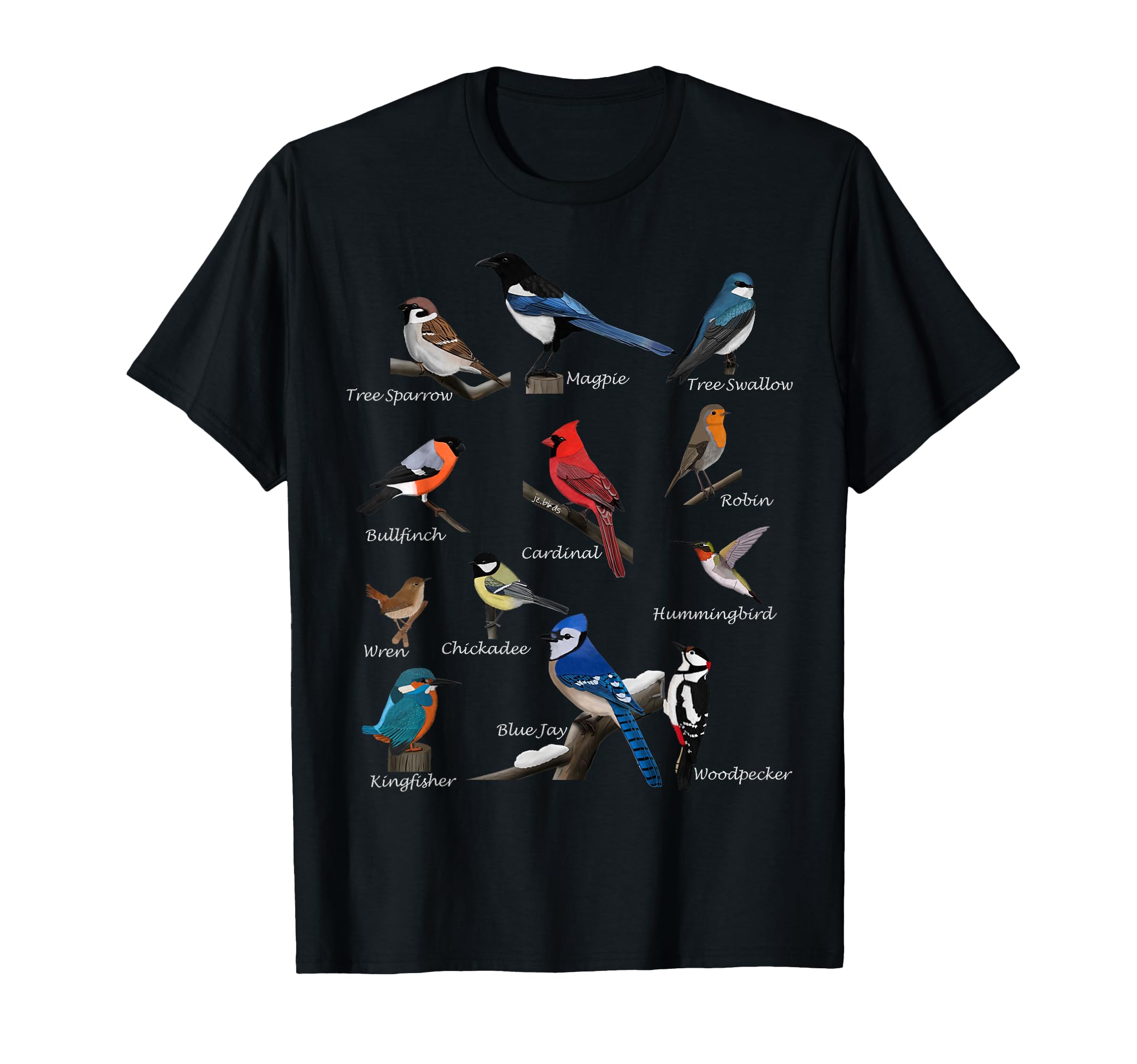 Garden Birds Cardinal Blue Jay Hummingbird Robin Wren Finch T-Shirt Small