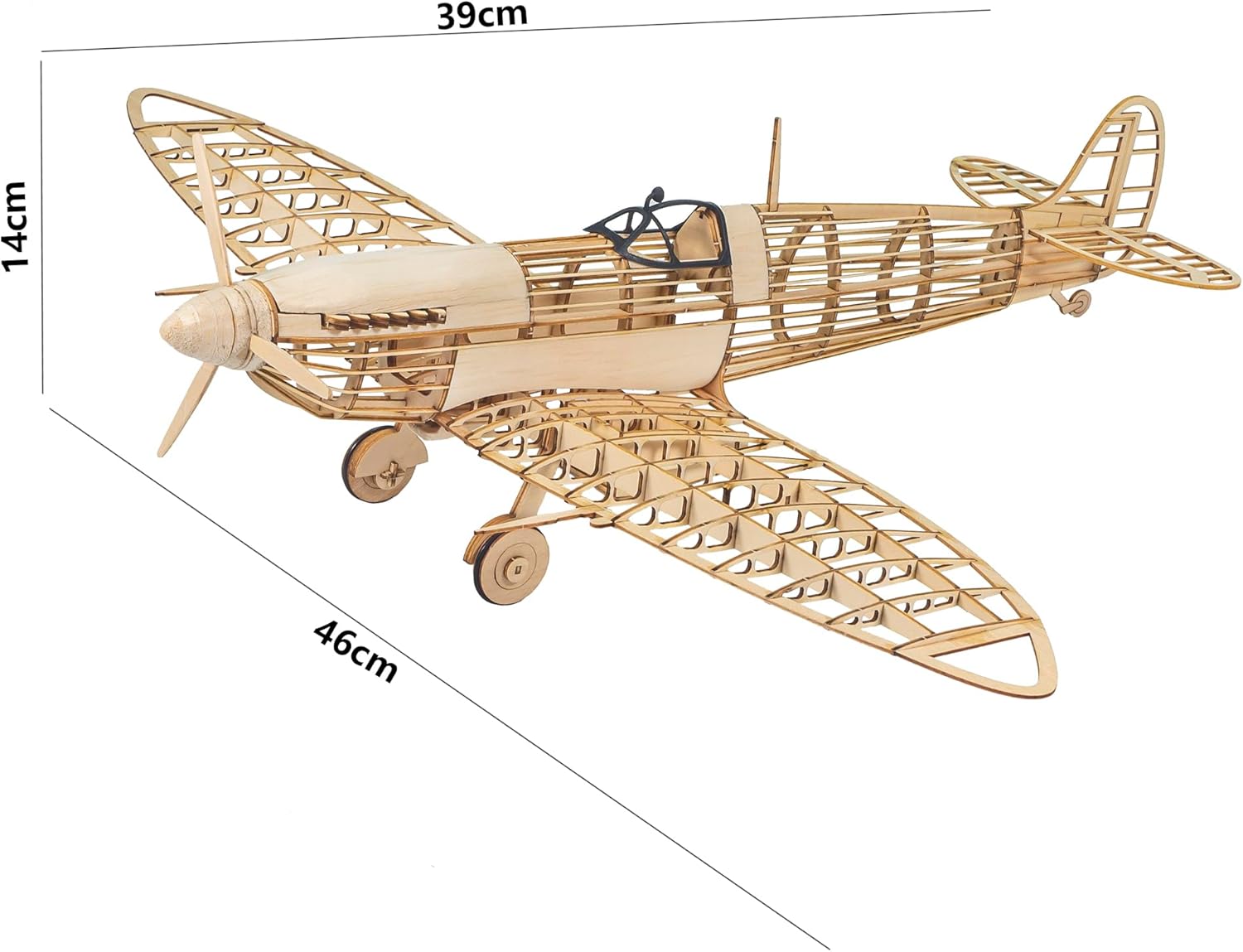 Assembled wooden Spitfire model with dimensions indicated: 39cm length, 14cm height, and 46cm wingspan.