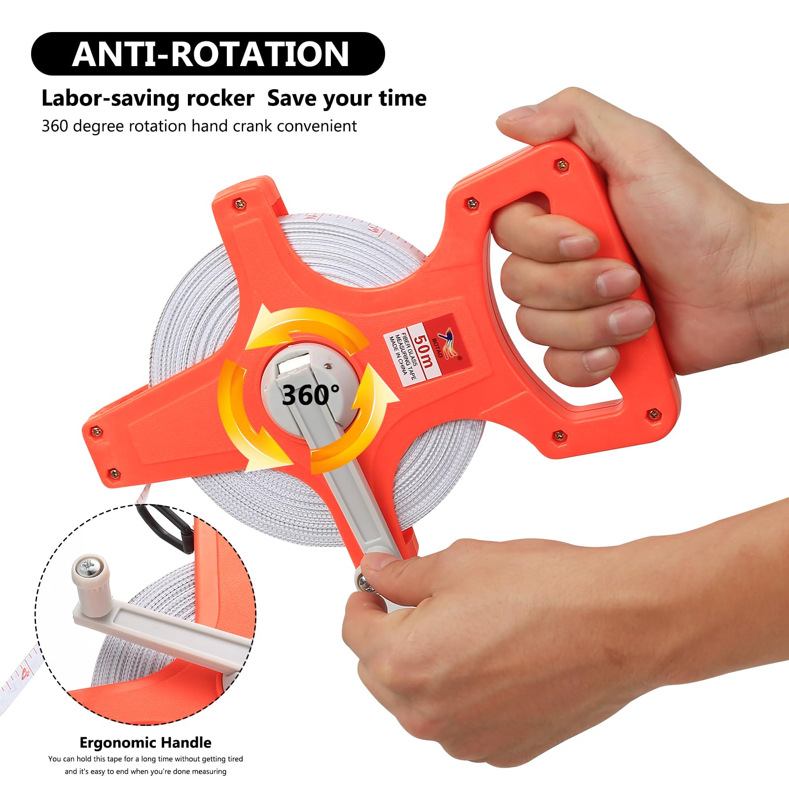 Cinta métrica de 50 m con mango ergonómico, cinta métrica abierta, 50 m, de fibra de vidrio, doble cara