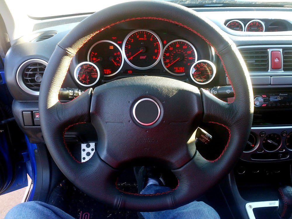 RedlineGoods Steering Wheel Cover - 4-Spoke Momo Compatible with Subaru Outback 2000-04. Tailor Made - not Universal. Genuine top-Grade Italian Red Leather with Black Thread