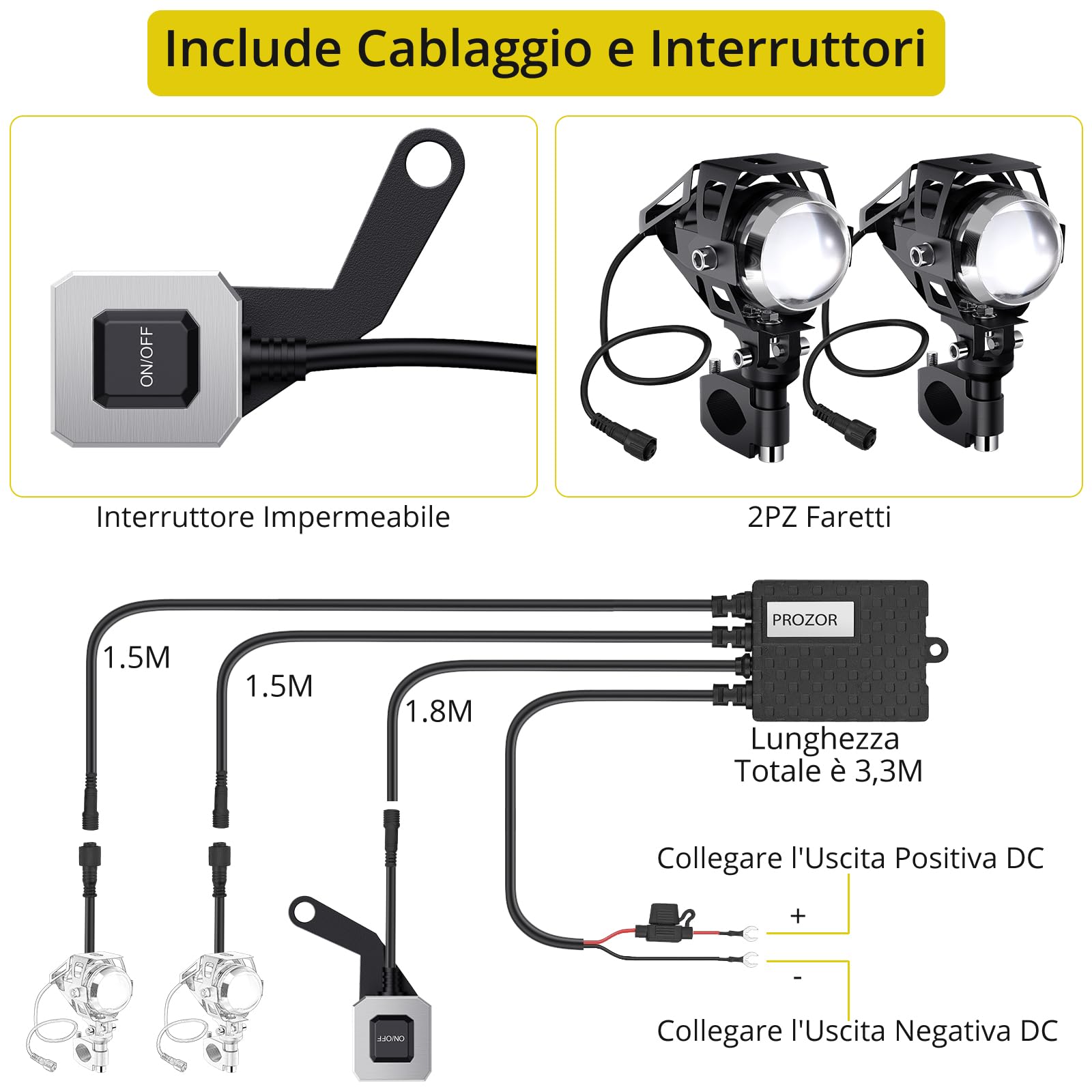 PROZOR 2 * U5 Faro Moto 15W 3000LM 2PZ Luci Anteriori per Moto Impermeabile Spotlight Faro per Motocicletta con Interruttore ON/OFF Lampada Antinebbia per Veicoli a 12/24V Come Motocicli Biciclette
