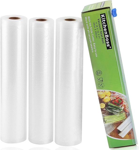 Vacuum Sealer Rolls - Vacuum Sealer Bags - 3 Rolls 28 x 500cm | with Cutter-Box | BPA-Free | Heavy Duty Embossed | for Vacuum-Sealer Food Storage and Sous Vide Cooking by KitchenBoss
